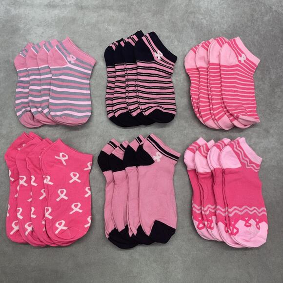 Women's Ankle Socks 24 Pairs Pink Breast Cancer Awareness Various Patterns - Picture 1 of 7